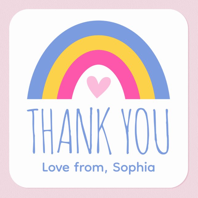Cute Rainbow Heart Kids Thank You Birthday Blue Square Sticker (Creator Uploaded)