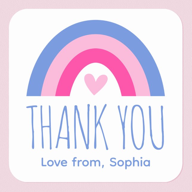 Cute Rainbow Heart Kids Thank You Birthday Pink Square Sticker (Creator Uploaded)