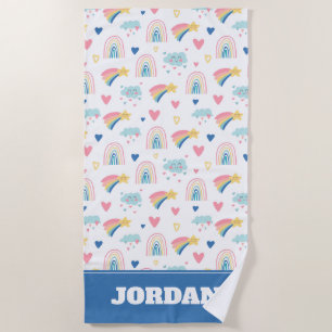 Cute Rainbow Hearts & Clouds Pattern Beach Towel