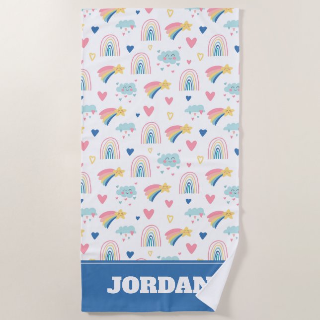 Cute Rainbow Hearts & Clouds Pattern Beach Towel (Front)
