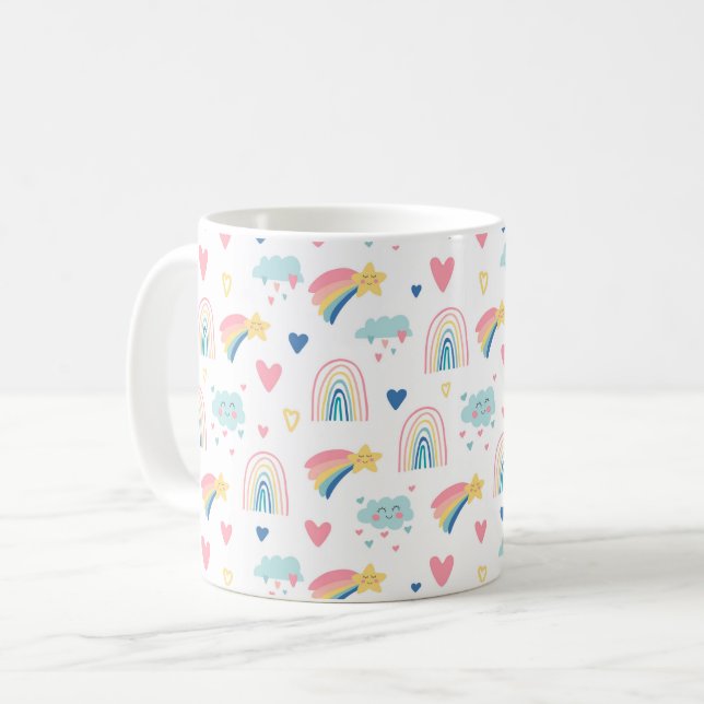 Cute Rainbow Hearts & Clouds Pattern Coffee Mug (Front Left)