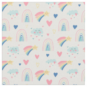 Cute Rainbow Hearts & Clouds Pattern Fabric