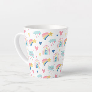 Cute Rainbow Hearts & Clouds Pattern Latte Mug