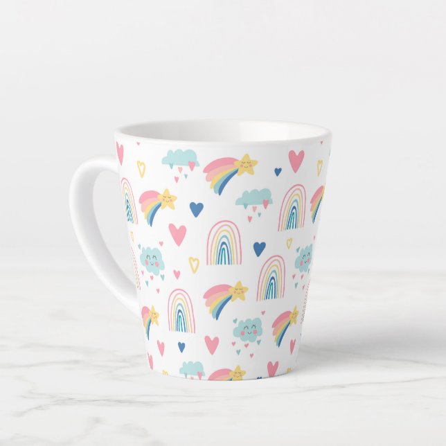 Cute Rainbow Hearts & Clouds Pattern Latte Mug (Left Angle)