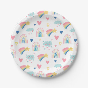 Cute Rainbow Hearts & Clouds Pattern Paper Plate