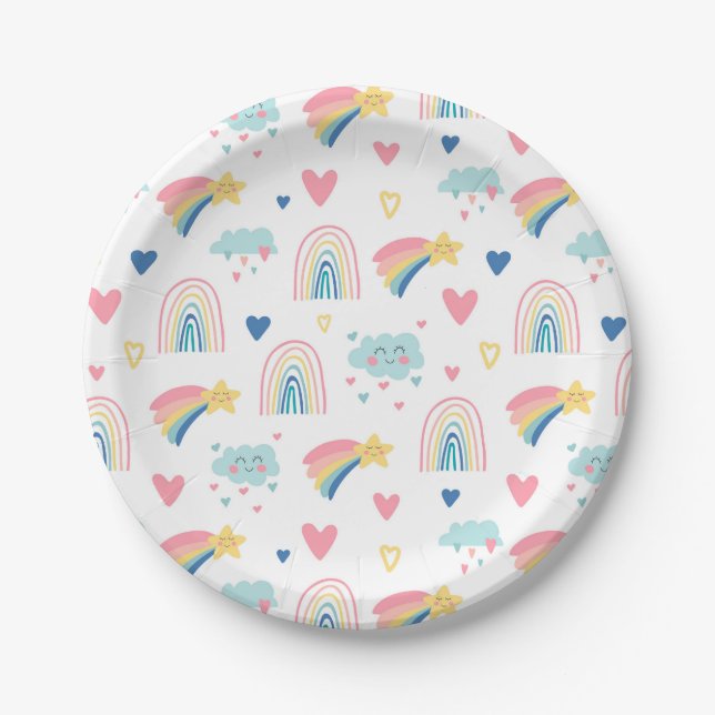 Cute Rainbow Hearts & Clouds Pattern Paper Plate (Front)