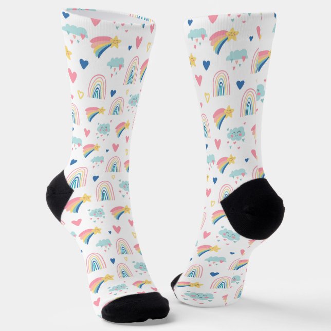 Cute Rainbow Hearts & Clouds Pattern Socks (Angled)