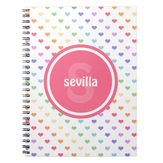 Cute Rainbow Hearts Monogram Notebook (Front)