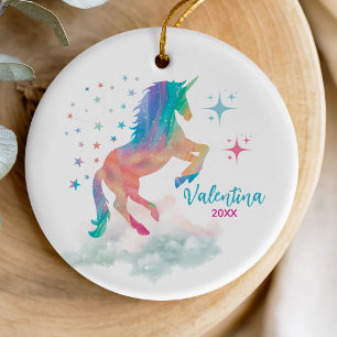 Cute rainbow holographic unicorn holiday keepsake ceramic ornament