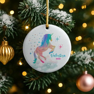Cute rainbow holographic unicorn holiday keepsake ceramic ornament