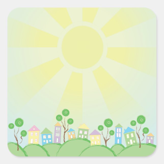 Cute Rainbow Houses on Hills Square Sticker (Front)
