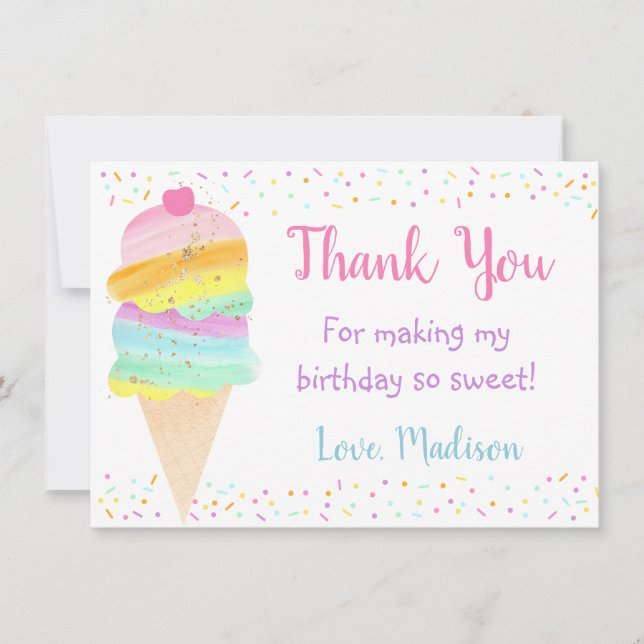 Cute Rainbow Ice Cream Birthday Thank You Card (Front)