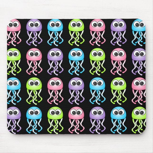 Cute Rainbow Jellyfish Black Mousepad (Front)