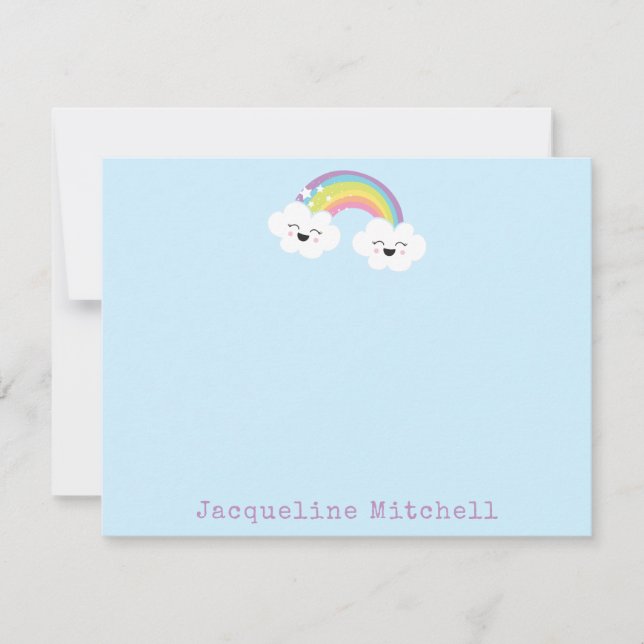 Cute Rainbow Kawaii Cloud Faces Pastel Blue Name Thank You Card (Front)