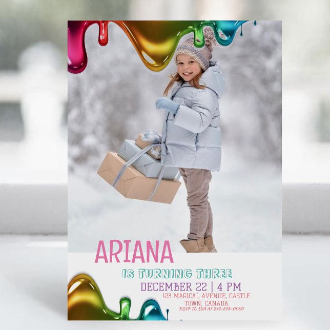 Cute Rainbow Kids Photo 3rd Slime Birthday Party Invitation (Creator Uploaded)