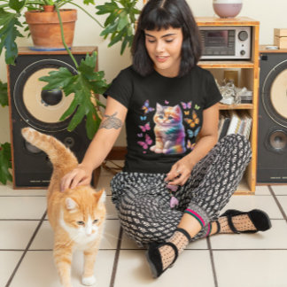 Cute Rainbow Kitten an Butterflies Sublimation cat T-Shirt