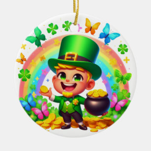 Cute Rainbow Leprechaun with Gold Ceramic Ornament