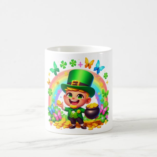 Cute Rainbow Leprechaun with Gold Coffee Mug (Center)