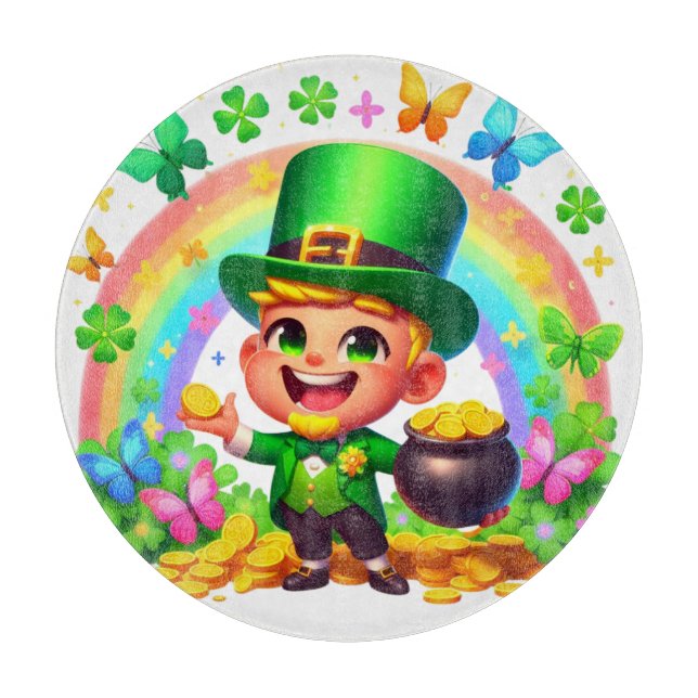 Cute Rainbow Leprechaun with Gold Cutting Board (Front)