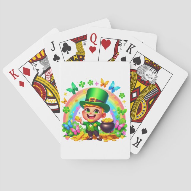 Cute Rainbow Leprechaun with Gold Playing Cards (Back)