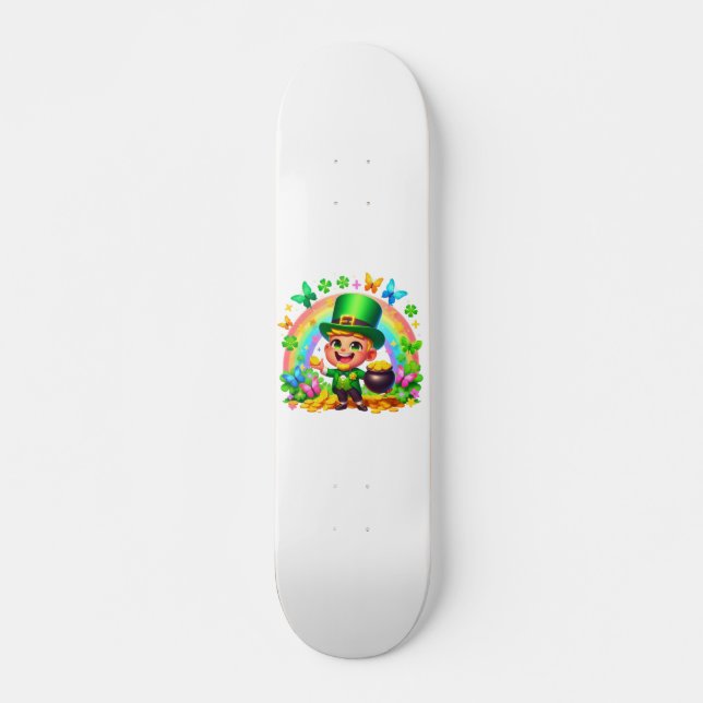 Cute Rainbow Leprechaun with Gold Skateboard (Front)