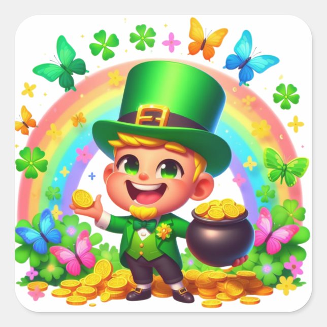 Cute Rainbow Leprechaun with Gold Square Sticker (Front)