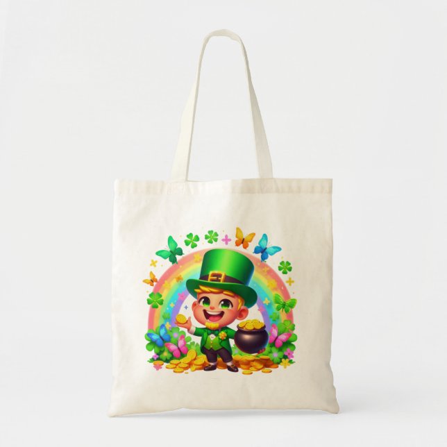 Cute Rainbow Leprechaun with Gold Tote Bag (Front)