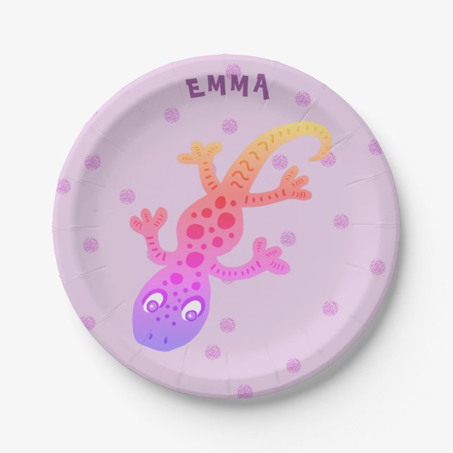 Cute Rainbow Lizard Gecko Birthday Party Name Paper Plate (Front)