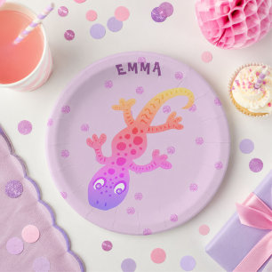 Cute Rainbow Lizard Gecko Birthday Party Name Paper Plate