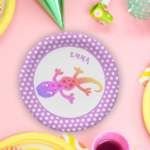 Cute Rainbow Lizard Gecko with Name Birthday Paper Plate