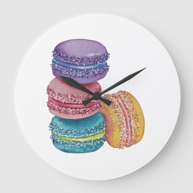 Cute Rainbow Macaroons In Watercolor Large Clock (Front)