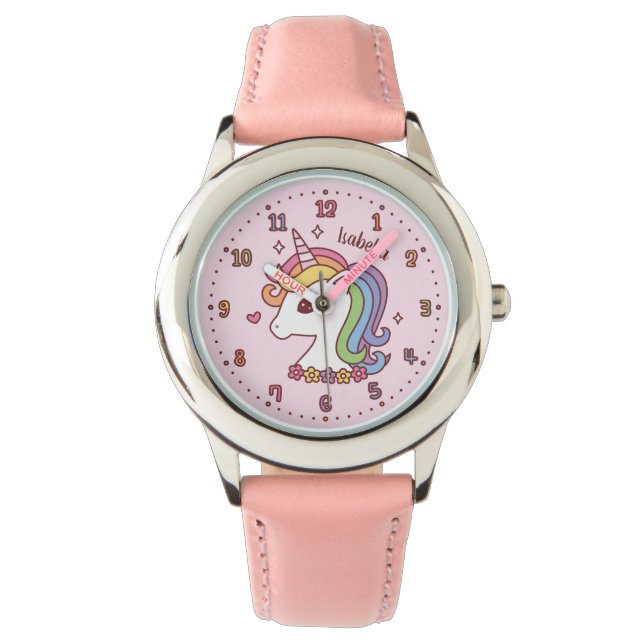 Cute Rainbow Mane Unicorn Girls Personalised Watch (Front)