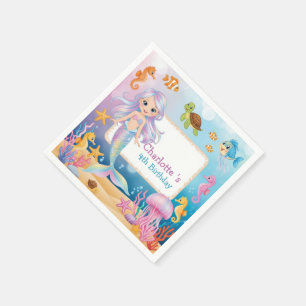 Cute Rainbow mermaid fish seahorse Birthday Napkin