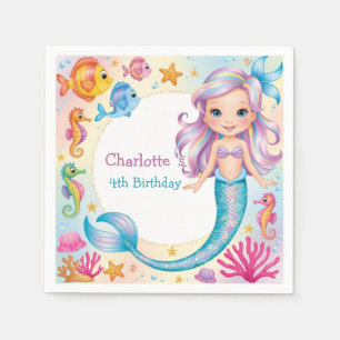 Cute Rainbow mermaid fish seahorse Birthday Napkin