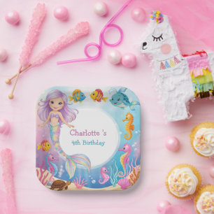 Cute Rainbow mermaid fish seahorse Birthday Paper Plate