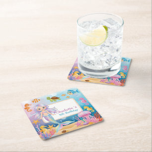 Cute Rainbow mermaid fish seahorse Birthday Square Paper Coaster