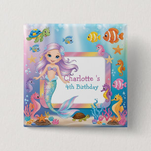 Cute Rainbow mermaid fish turtle star Birthday 15 Cm Square Badge
