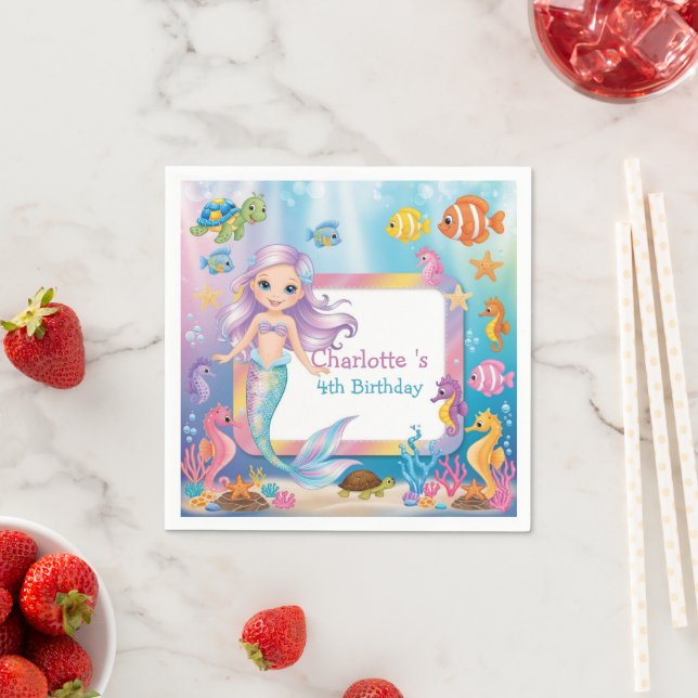 Cute Rainbow mermaid fish turtle star Birthday Napkin (Insitu)