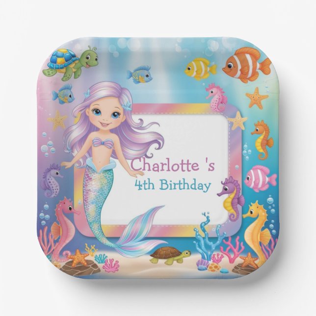 Cute Rainbow mermaid fish turtle star Birthday Paper Plate (Front)