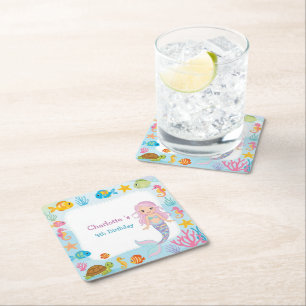 Cute Rainbow mermaid fish turtle star Birthday Square Paper Coaster