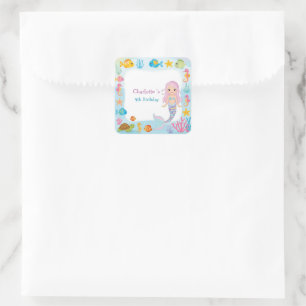Cute Rainbow mermaid fish turtle star Birthday Square Sticker