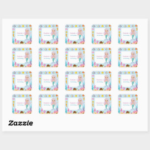 Cute Rainbow mermaid fish turtle star Birthday Square Sticker