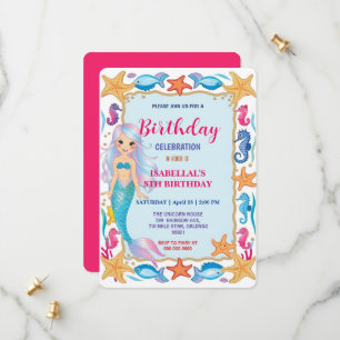 Cute rainbow mermaid seahorse star fish birthday save the date