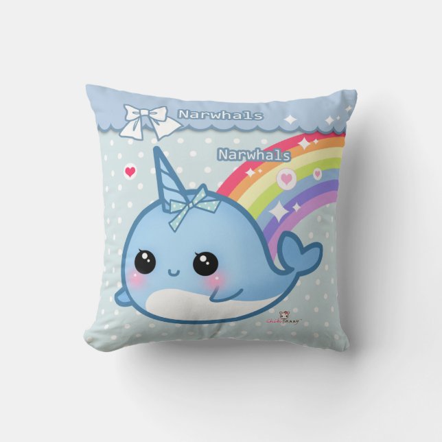 Cute rainbow narwhal on white & blue polka dots cushion (Front)