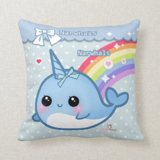 Cute rainbow narwhal on white & blue polka dots cushion