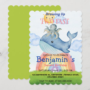 Cute rainbow octopus Whale 2nd Birthday party Save The Date