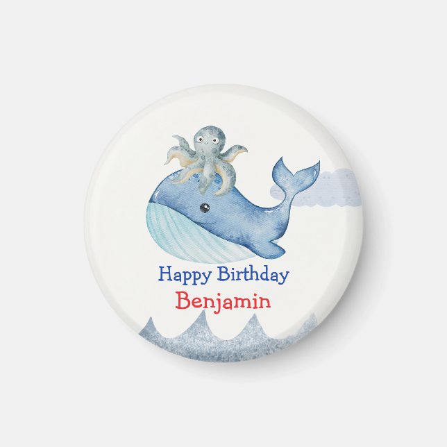 Cute rainbow octopus Whale fish Birthday party Magnet (Front)