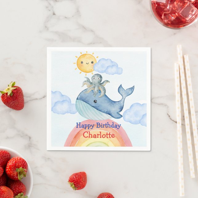 Cute rainbow octopus Whale fish Birthday party Napkin (Insitu)