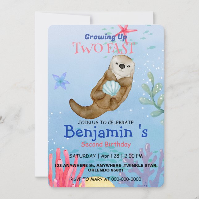 Cute rainbow Otter Scallops 2nd Birthday party Invitation (Front)
