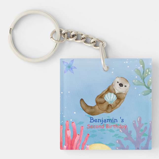 Cute rainbow Otter Scallops Birthday party Key Ring (Front)